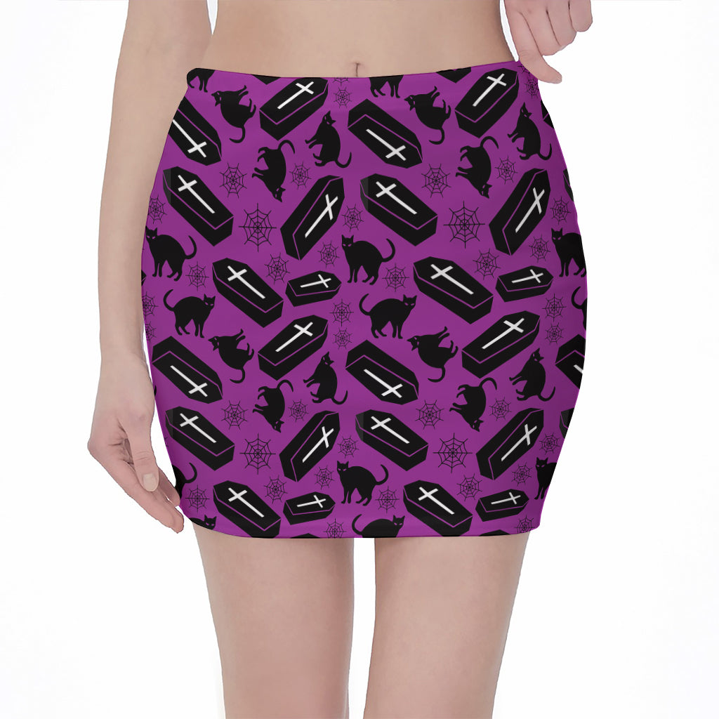 Purple Halloween Coffin Pattern Print Pencil Mini Skirt