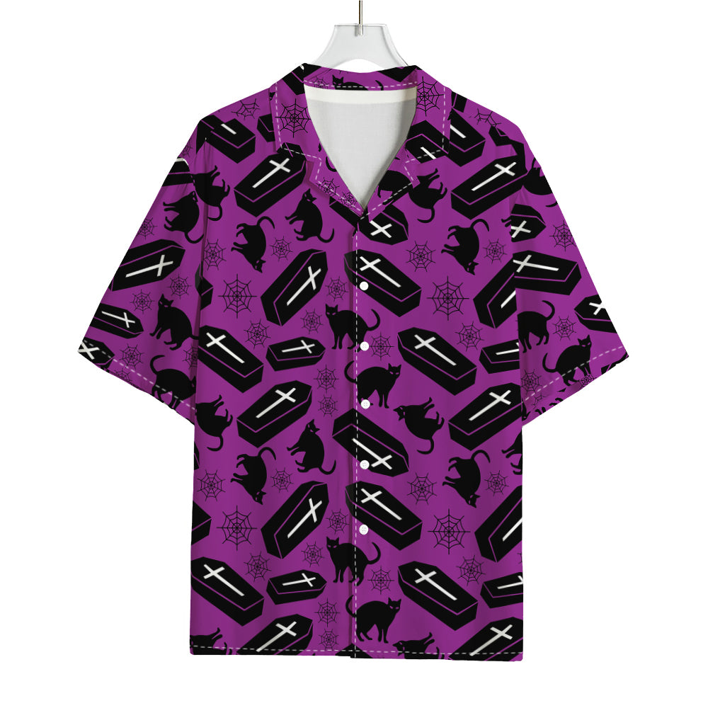 Purple Halloween Coffin Pattern Print Rayon Hawaiian Shirt