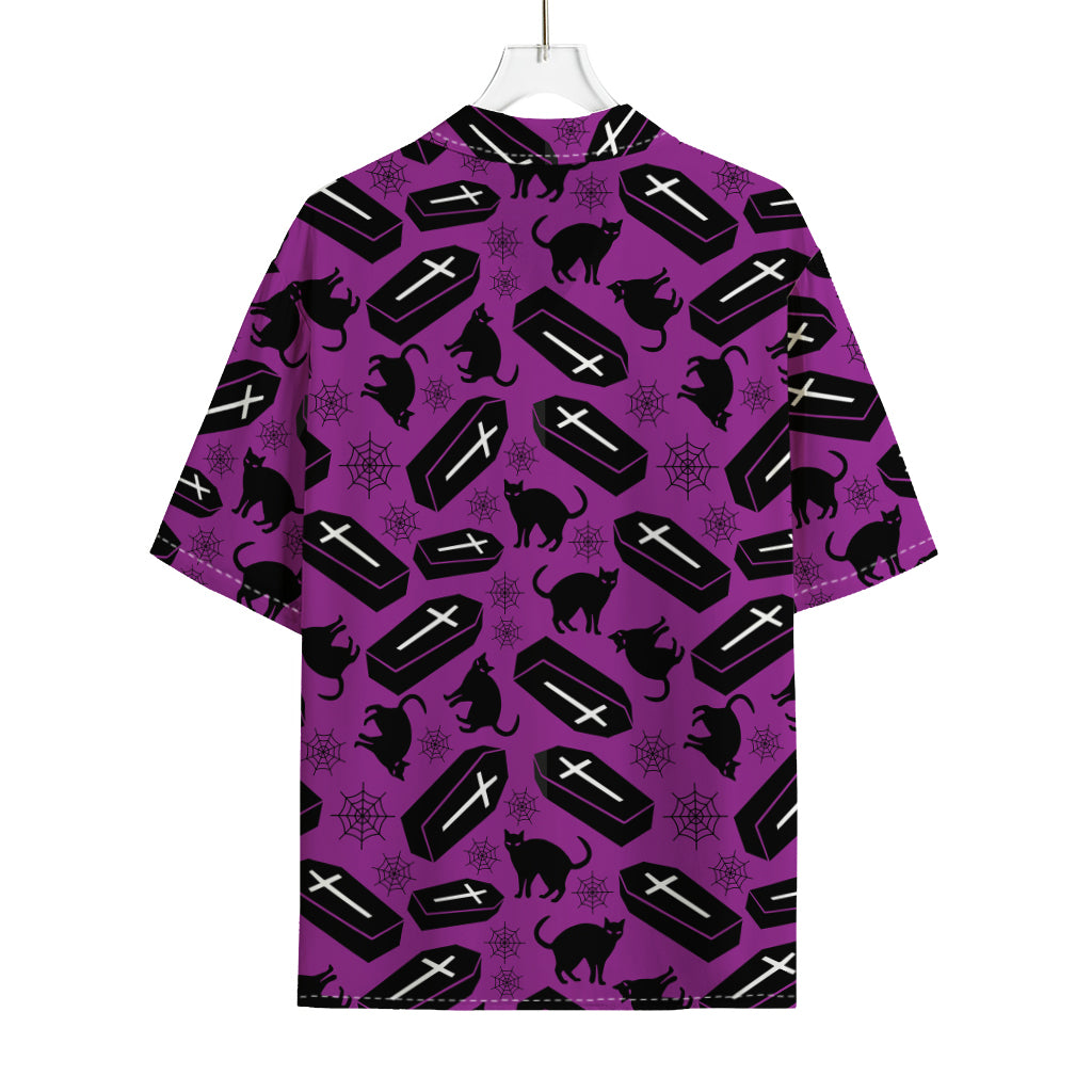 Purple Halloween Coffin Pattern Print Rayon Hawaiian Shirt