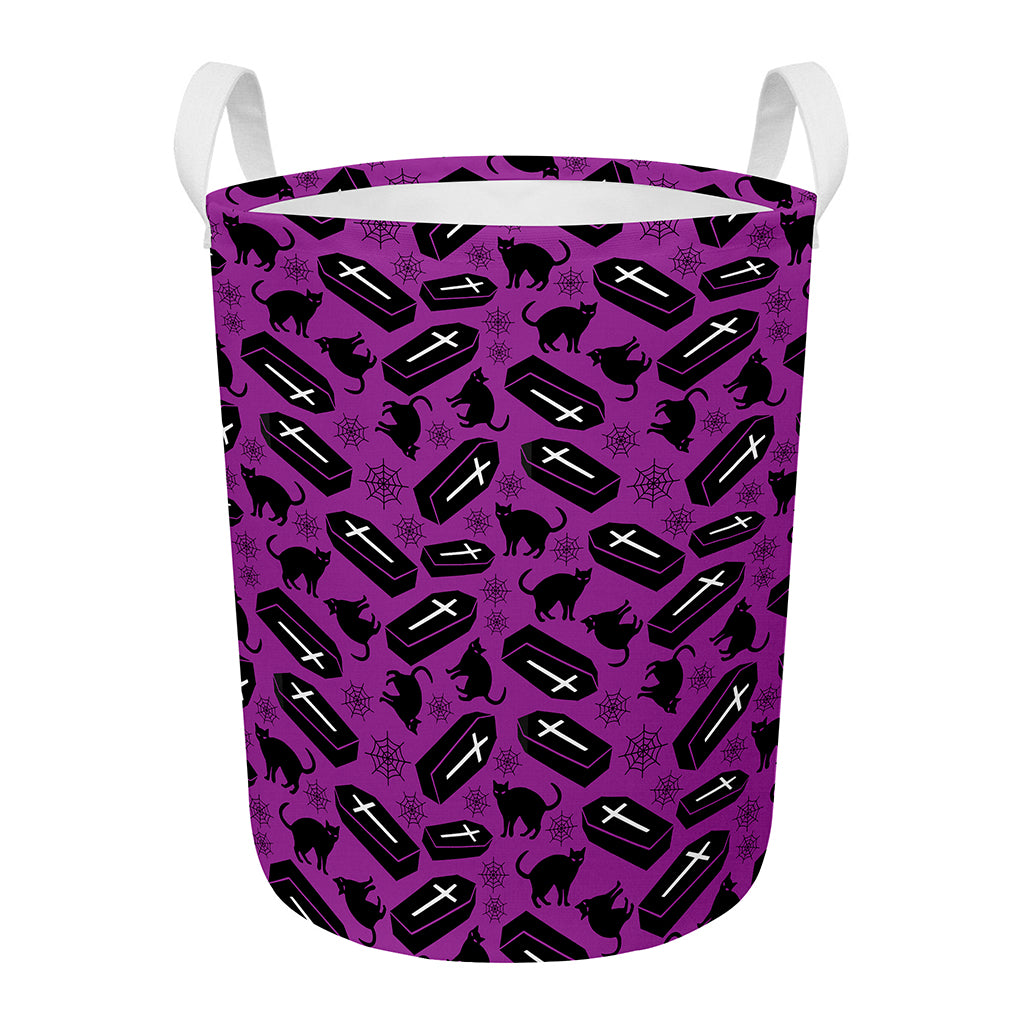 Purple Halloween Coffin Pattern Print Round Laundry Basket