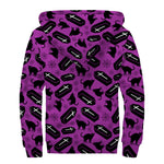 Purple Halloween Coffin Pattern Print Sherpa Lined Zip Up Hoodie