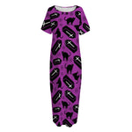 Purple Halloween Coffin Pattern Print Short Sleeve Long Nightdress