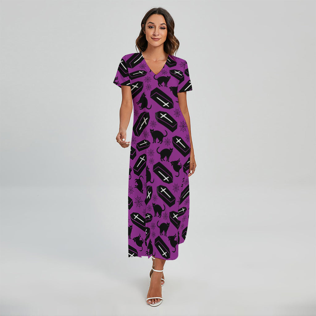 Purple Halloween Coffin Pattern Print Short Sleeve Maxi Dress