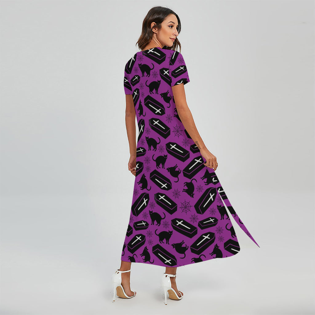 Purple Halloween Coffin Pattern Print Short Sleeve Maxi Dress