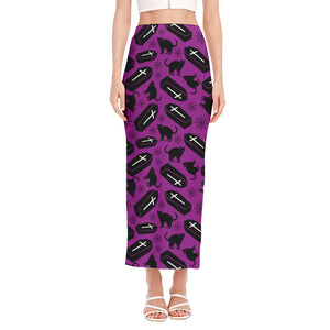 Purple Halloween Coffin Pattern Print Side Slit Maxi Skirt