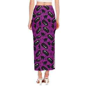 Purple Halloween Coffin Pattern Print Side Slit Maxi Skirt