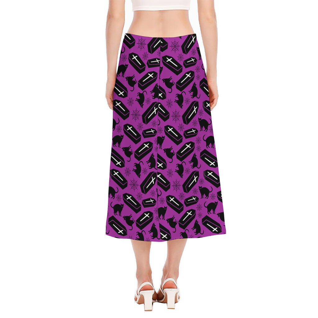 Purple Halloween Coffin Pattern Print Side Slit Midi Skirt