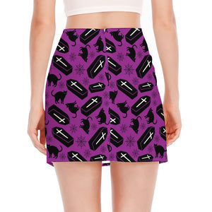 Purple Halloween Coffin Pattern Print Side Slit Mini Skirt