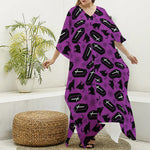 Purple Halloween Coffin Pattern Print Silk V-Neck Kaftan Dress