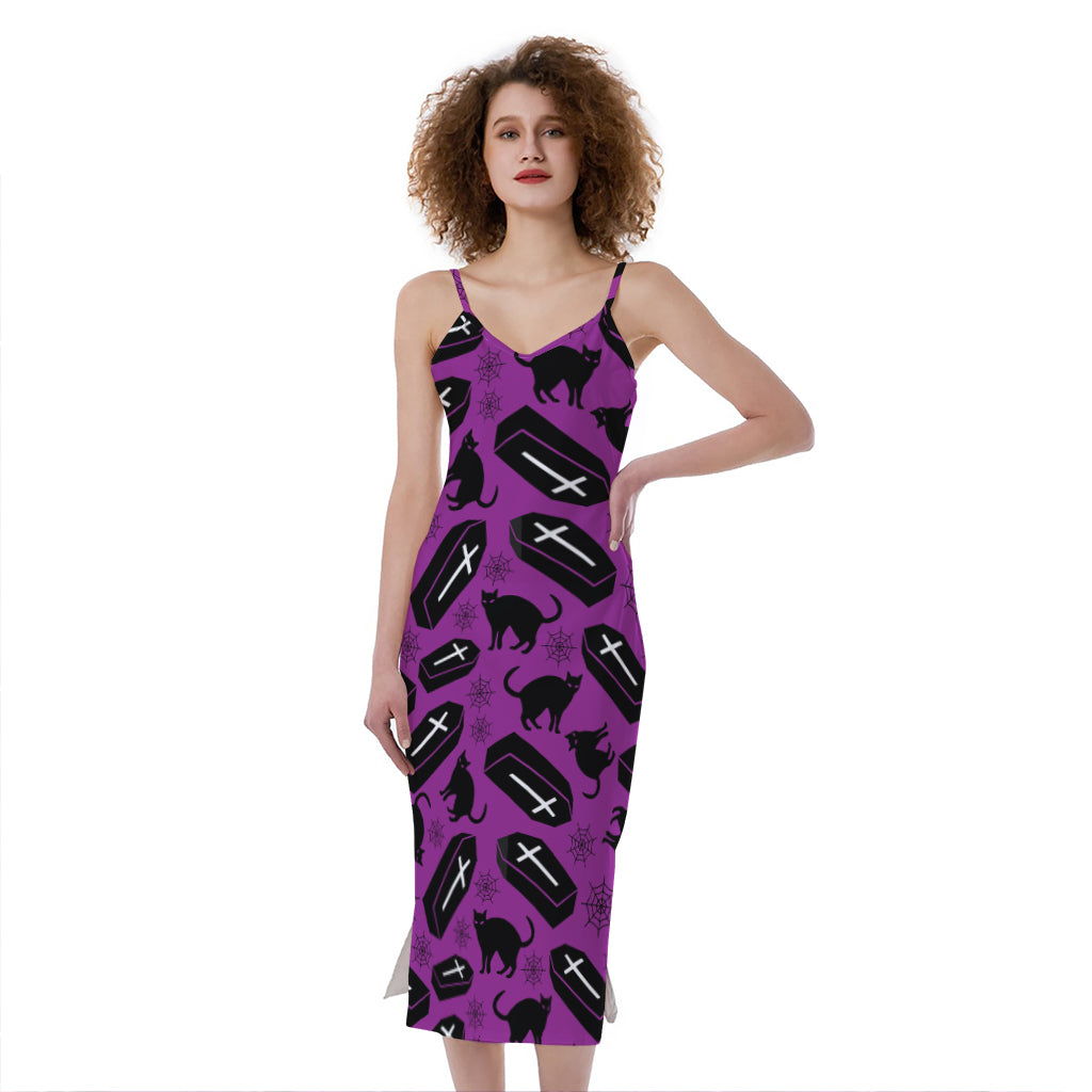 Purple Halloween Coffin Pattern Print Slim Fit Midi Cami Dress