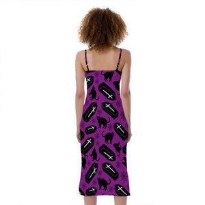 Purple Halloween Coffin Pattern Print Slim Fit Midi Cami Dress