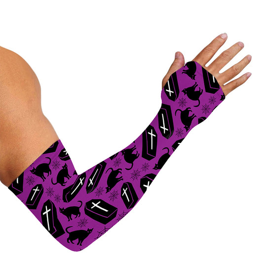 Purple Halloween Coffin Pattern Print Sun Protection Arm Sleeves