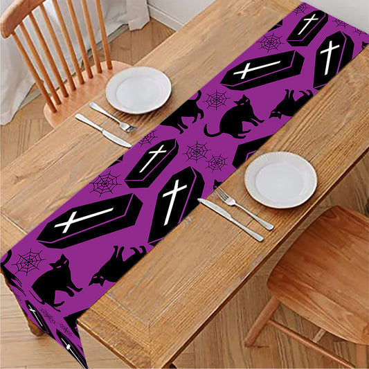 Purple Halloween Coffin Pattern Print Table Runner