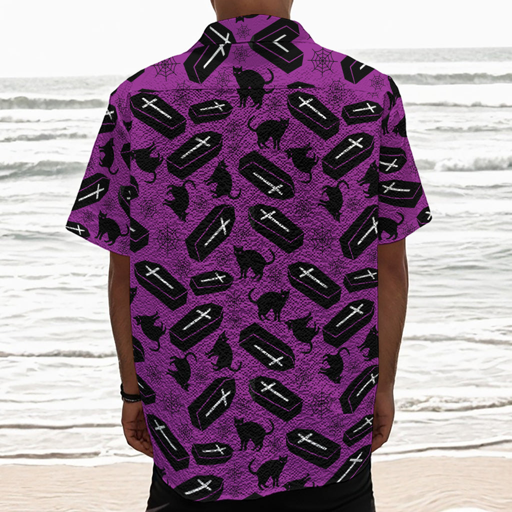 Purple Halloween Coffin Pattern Print Textured Short Sleeve Shirt