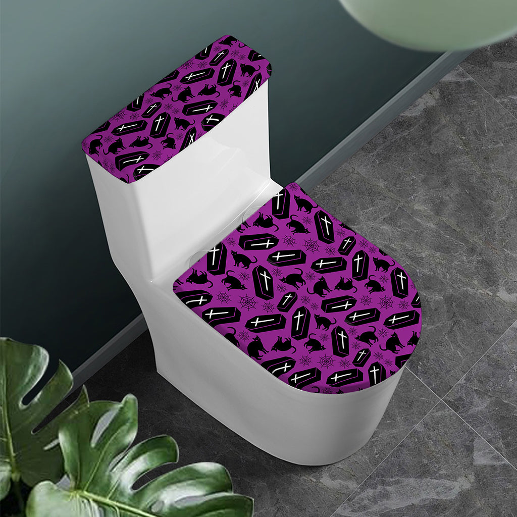 Purple Halloween Coffin Pattern Print Toilet Lid And Tank Cover Set