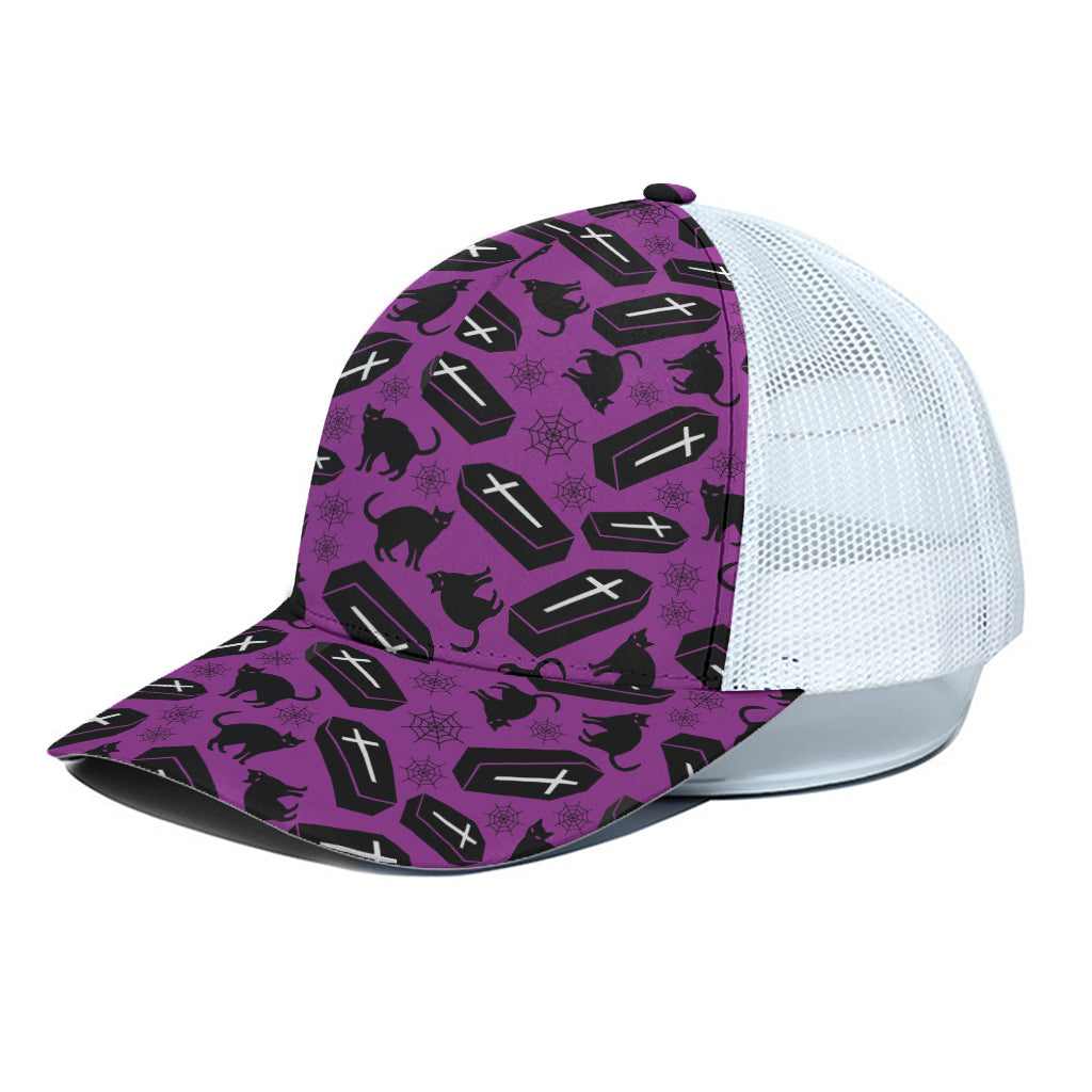 Purple Halloween Coffin Pattern Print White Mesh Trucker Cap