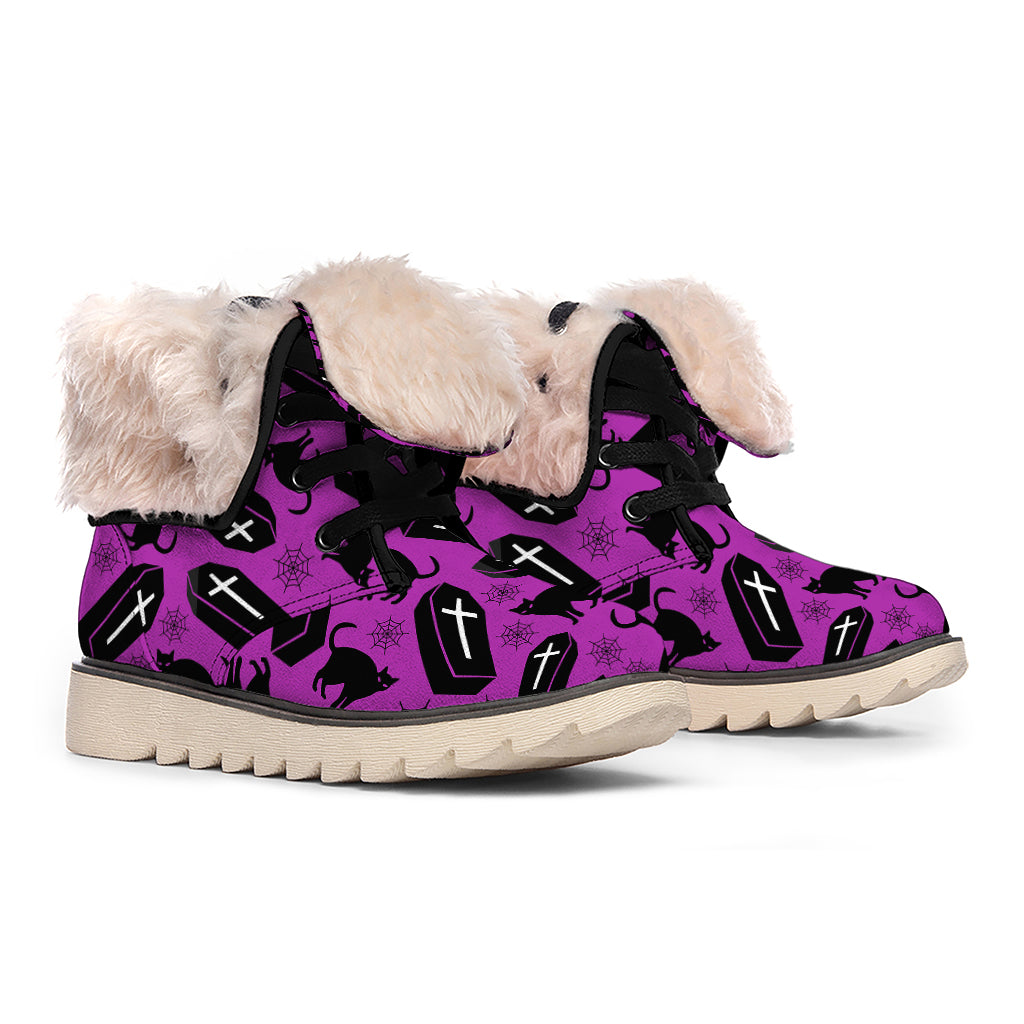 Purple Halloween Coffin Pattern Print Winter Boots