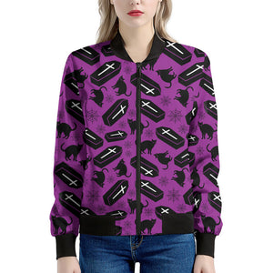 Purple Halloween Coffin Pattern Print Women's Bomber Jacket