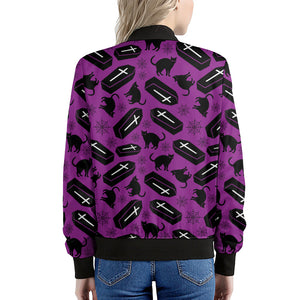 Purple Halloween Coffin Pattern Print Women's Bomber Jacket