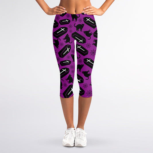 Purple Halloween Coffin Pattern Print Women's Capri Leggings