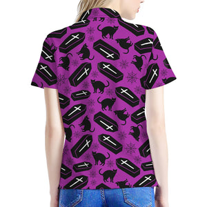 Purple Halloween Coffin Pattern Print Women's Polo Shirt