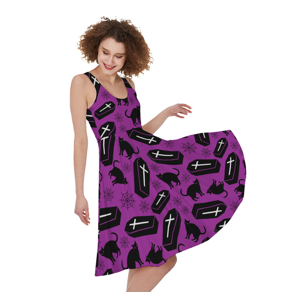 Purple Halloween Coffin Pattern Print Women's Sleeveless Dress