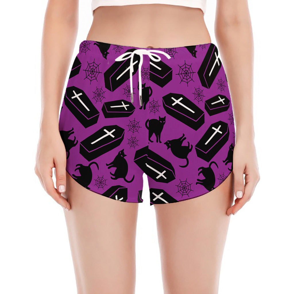 Purple Halloween Coffin Pattern Print Women's Split Running Shorts