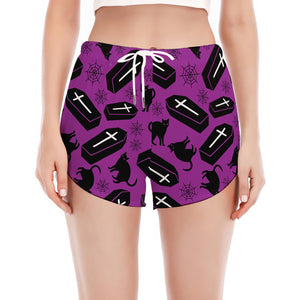 Purple Halloween Coffin Pattern Print Women's Split Running Shorts