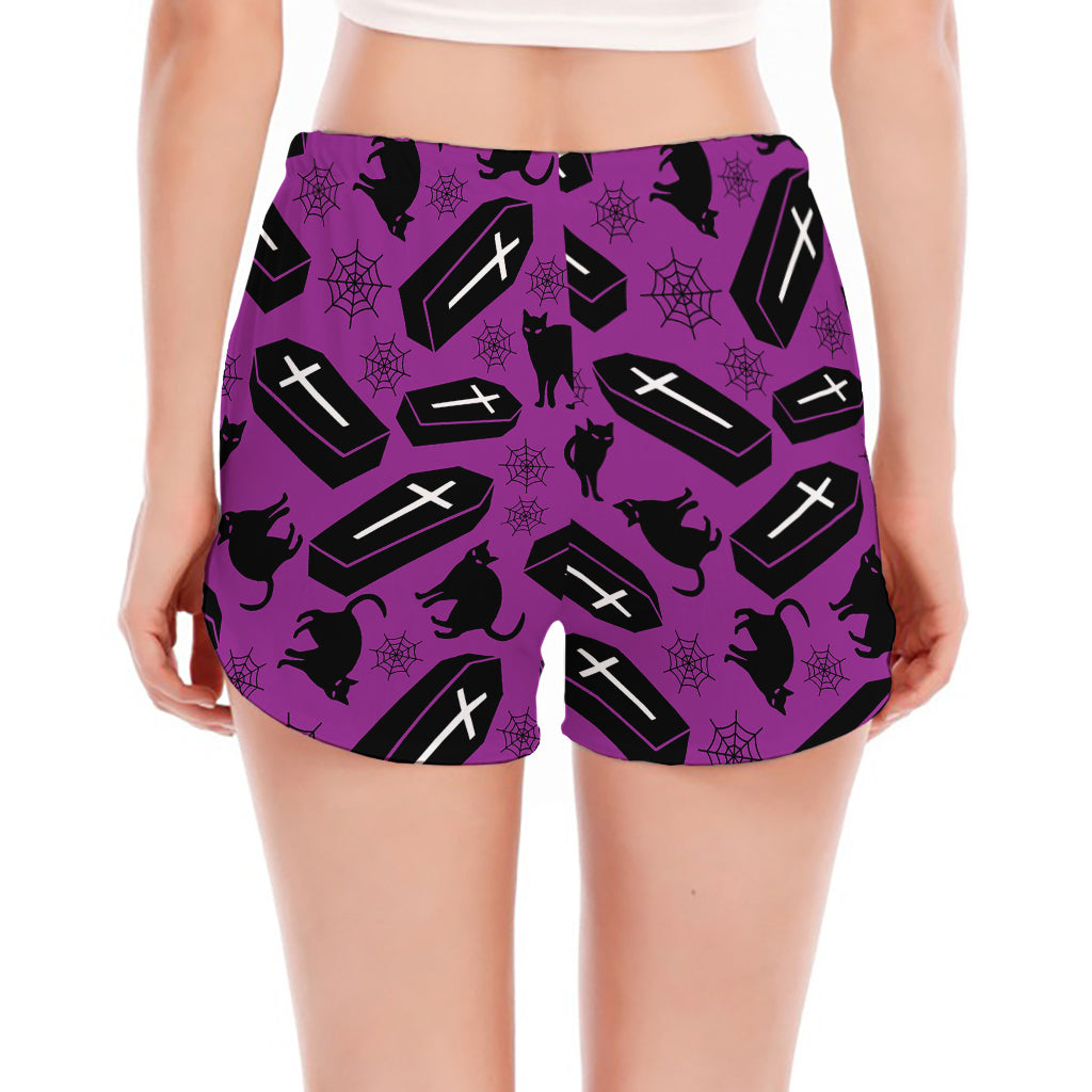 Purple Halloween Coffin Pattern Print Women's Split Running Shorts