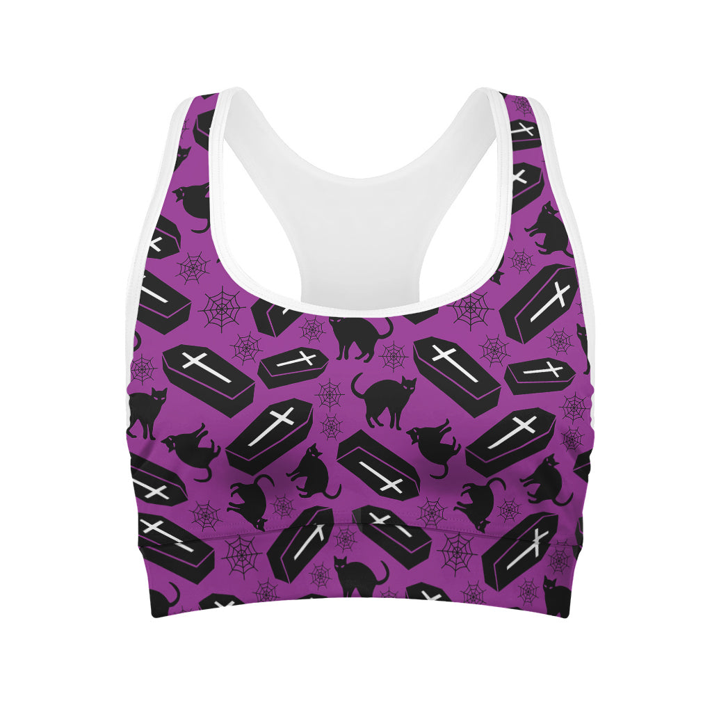 Purple Halloween Coffin Pattern Print Women's Sports Bra