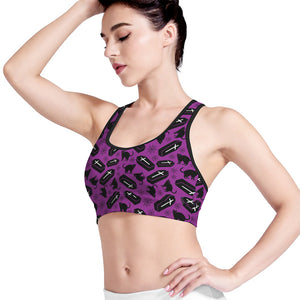 Purple Halloween Coffin Pattern Print Women's Sports Bra