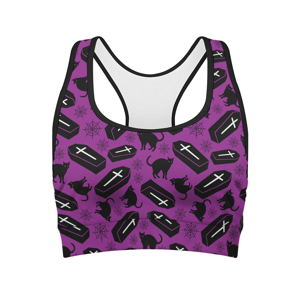 Purple Halloween Coffin Pattern Print Women's Sports Bra