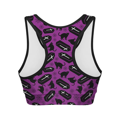 Purple Halloween Coffin Pattern Print Women's Sports Bra