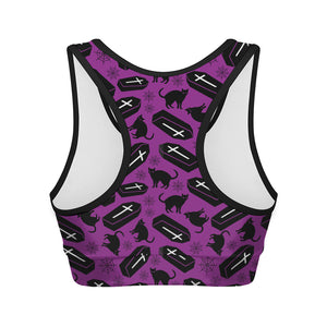 Purple Halloween Coffin Pattern Print Women's Sports Bra