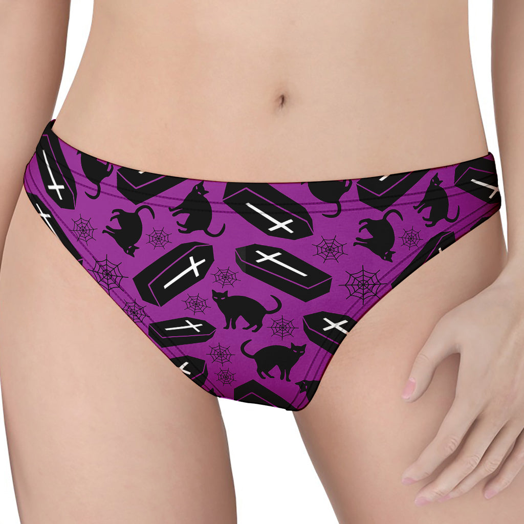 Purple Halloween Coffin Pattern Print Women's Thong