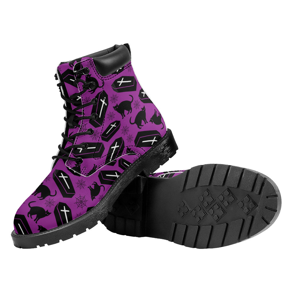 Purple Halloween Coffin Pattern Print Work Boots