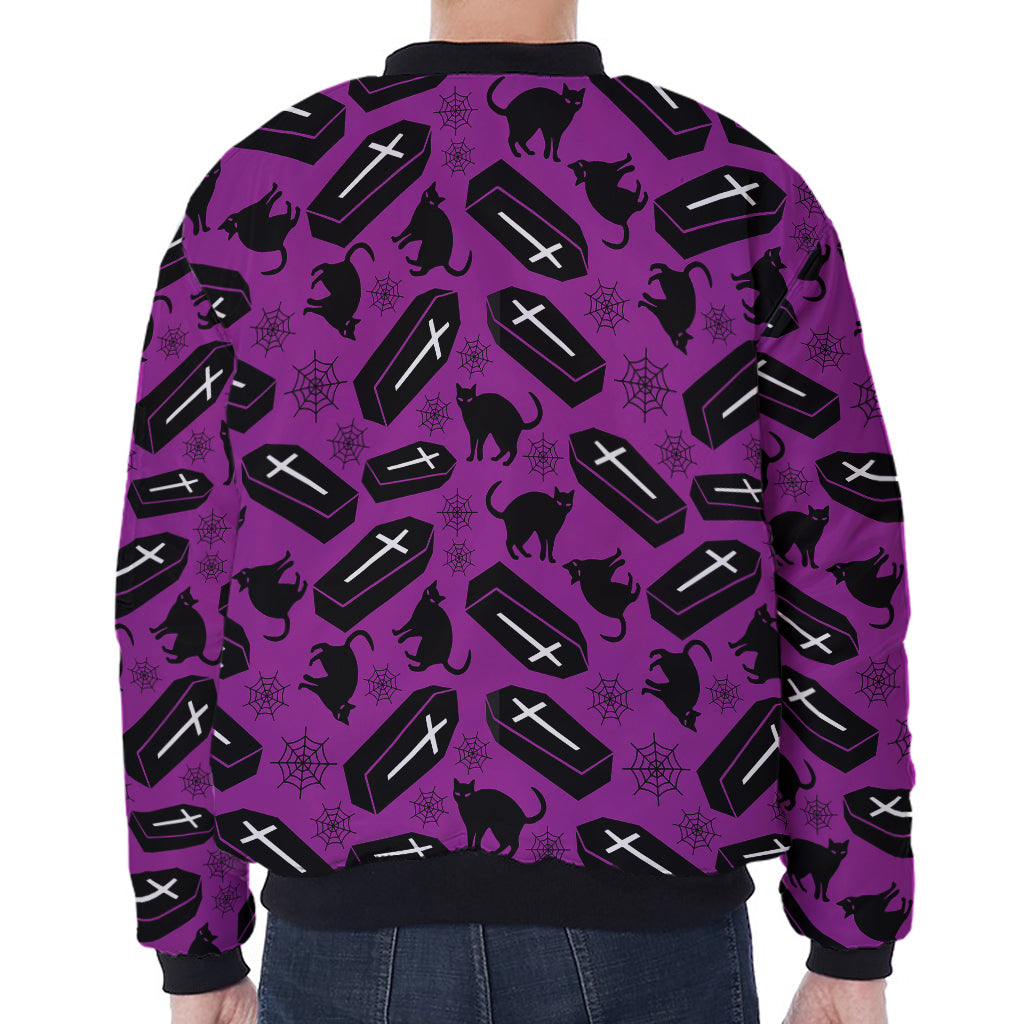 Purple Halloween Coffin Pattern Print Zip Sleeve Bomber Jacket