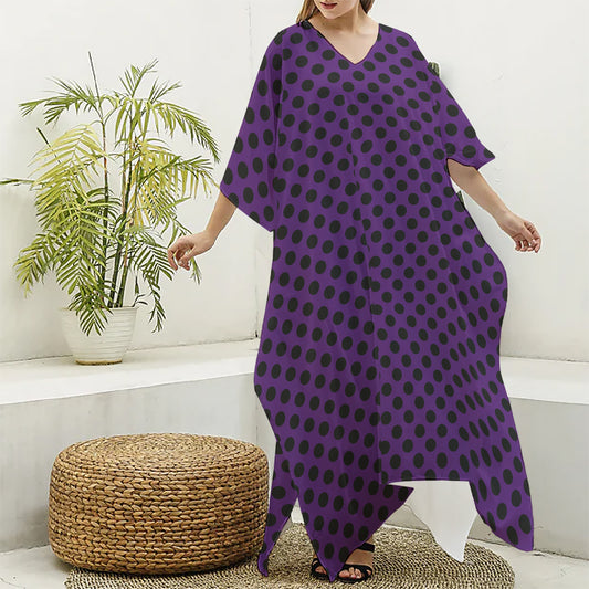 Purple Halloween Pattern Print Silk V-Neck Kaftan Dress