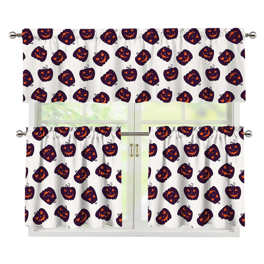 Purple Halloween Pumpkin Pattern Print 3 Piece Kitchen Curtains