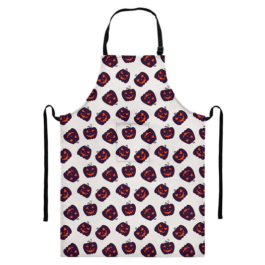 Purple Halloween Pumpkin Pattern Print Bib Apron With Pocket