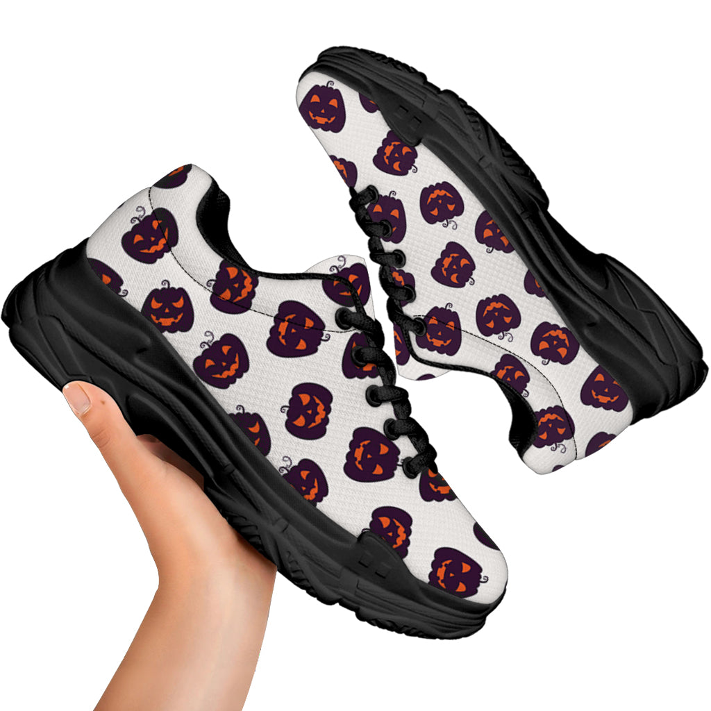 Purple Halloween Pumpkin Pattern Print Black Chunky Shoes