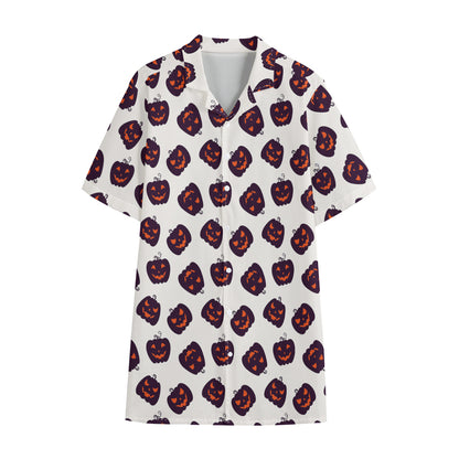 Purple Halloween Pumpkin Pattern Print Cotton Hawaiian Shirt