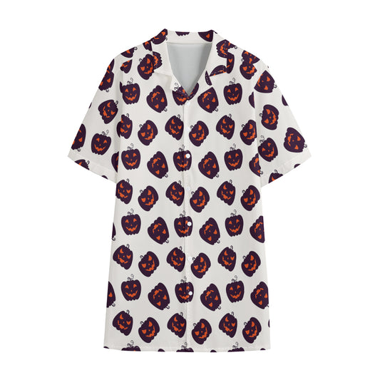 Purple Halloween Pumpkin Pattern Print Cotton Hawaiian Shirt