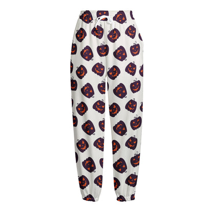 Purple Halloween Pumpkin Pattern Print Fleece Lined Knit Pants