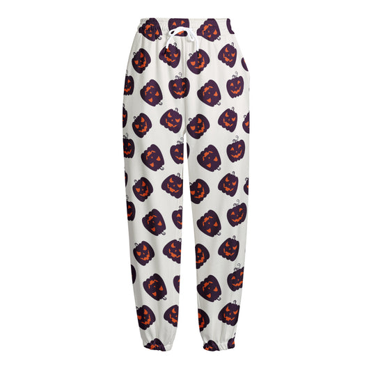 Purple Halloween Pumpkin Pattern Print Fleece Lined Knit Pants