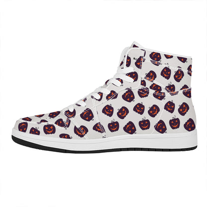 Purple Halloween Pumpkin Pattern Print High Top Leather Sneakers