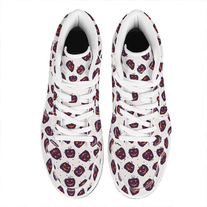 Purple Halloween Pumpkin Pattern Print High Top Leather Sneakers