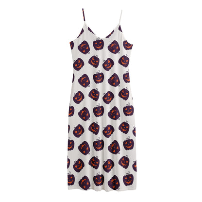 Purple Halloween Pumpkin Pattern Print Jersey Midi Cami Dress
