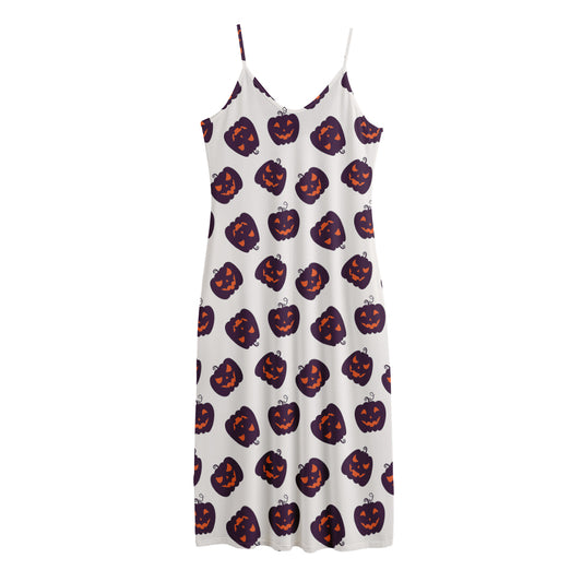 Purple Halloween Pumpkin Pattern Print Jersey Midi Cami Dress