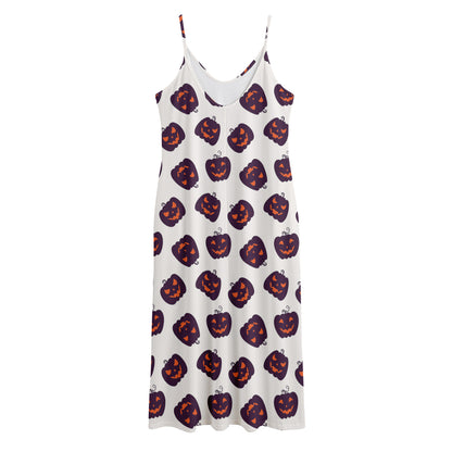 Purple Halloween Pumpkin Pattern Print Jersey Midi Cami Dress